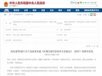  商务部等6部门关于高质量实施《区域全面经济伙伴关系协定》（RCEP）的指导意见 